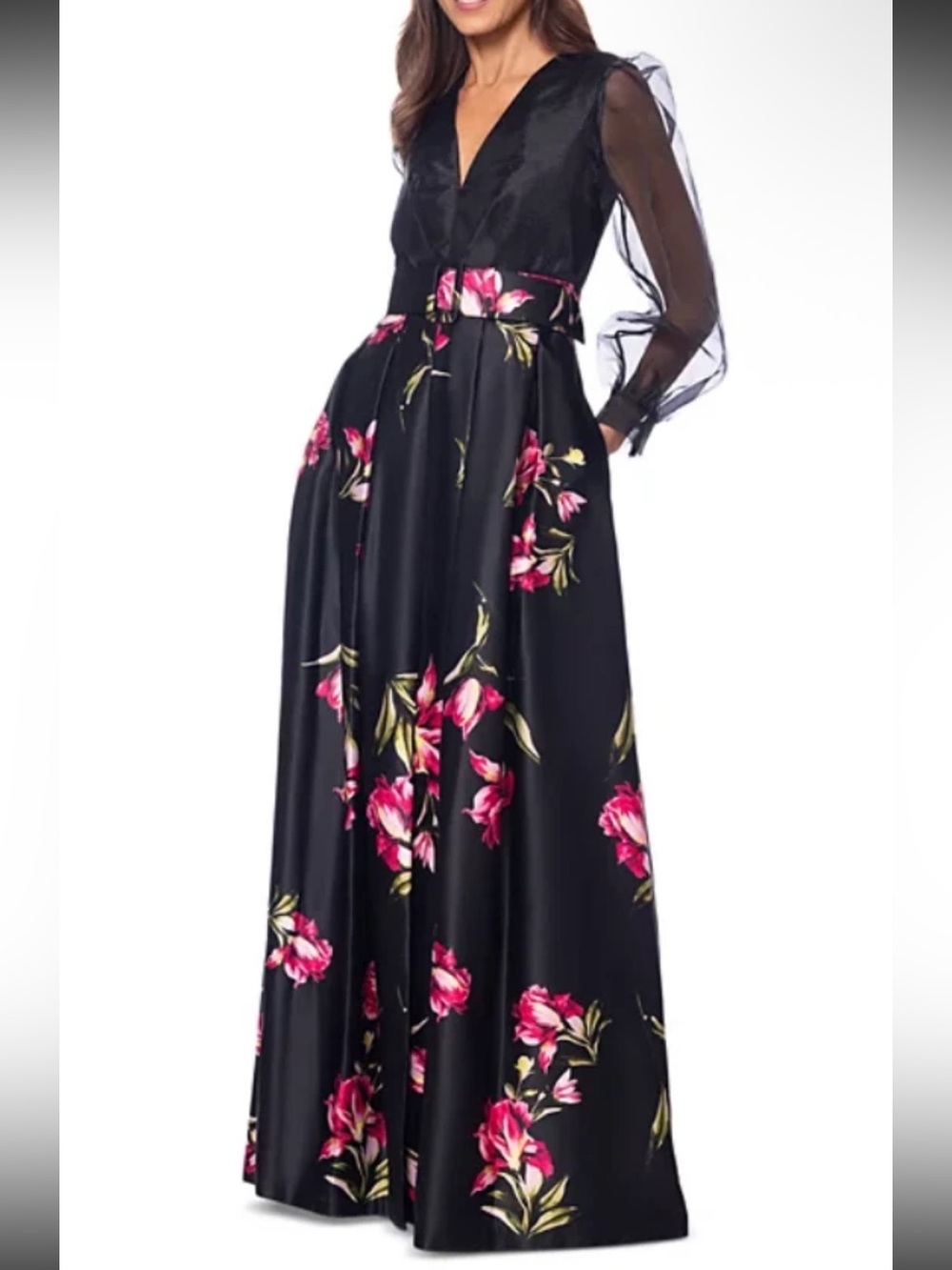Betsy & Adam Organza-Sleeve Floral Belted Gown *Flawed *Size 8 - Picture 4 of 11